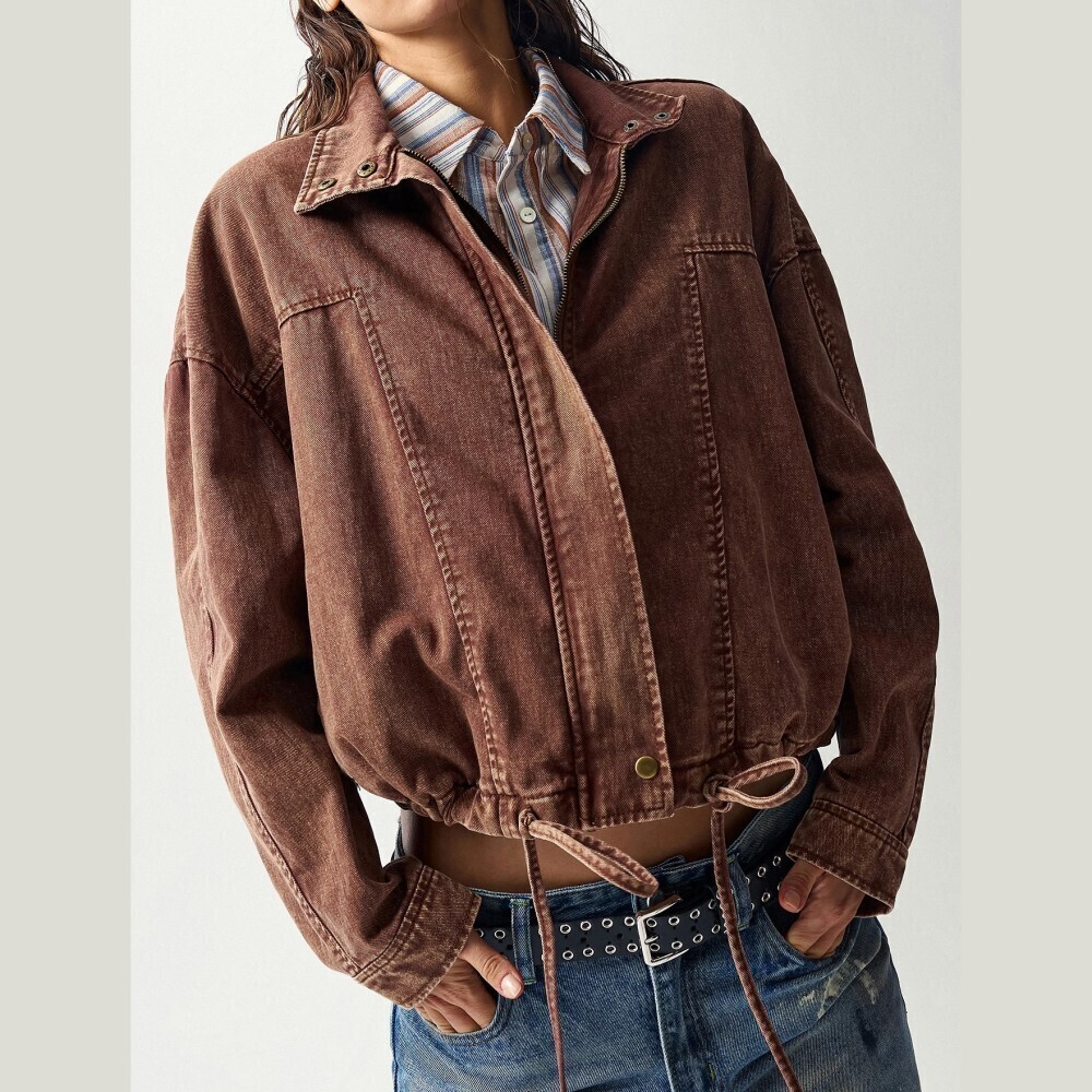 Brown Washed Cotton Cropped Zip Front Bomber Blouson Jacket